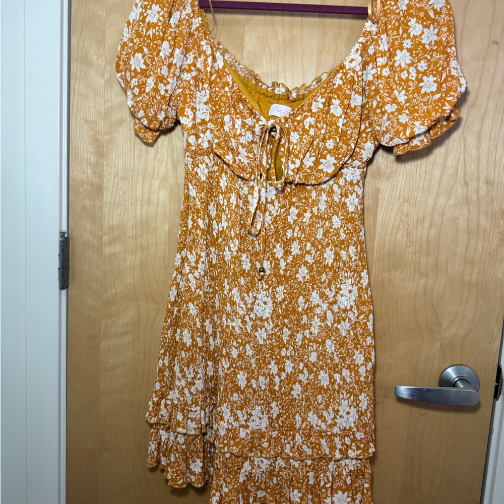 Pink Lily Yellow Tie Front Tiered Sundress
